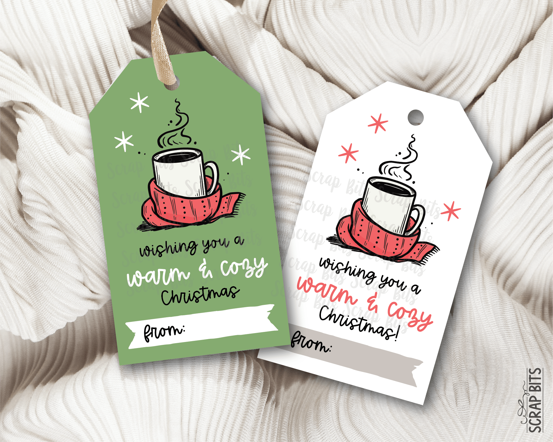 Wishing You A Warm & Cozy Christmas, Green Printable Christmas Gift Tags, Instant Download - Scrap Bits
