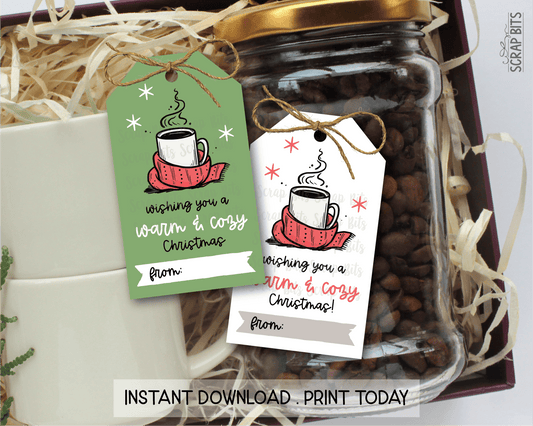Wishing You A Warm & Cozy Christmas, Green Printable Christmas Gift Tags, Instant Download - Scrap Bits