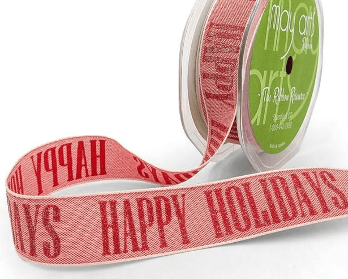 Woven Sparkle Happy Holidays Sentiment Ribbon. 5 yards (15 feet) . 1" inch - Scrap Bits