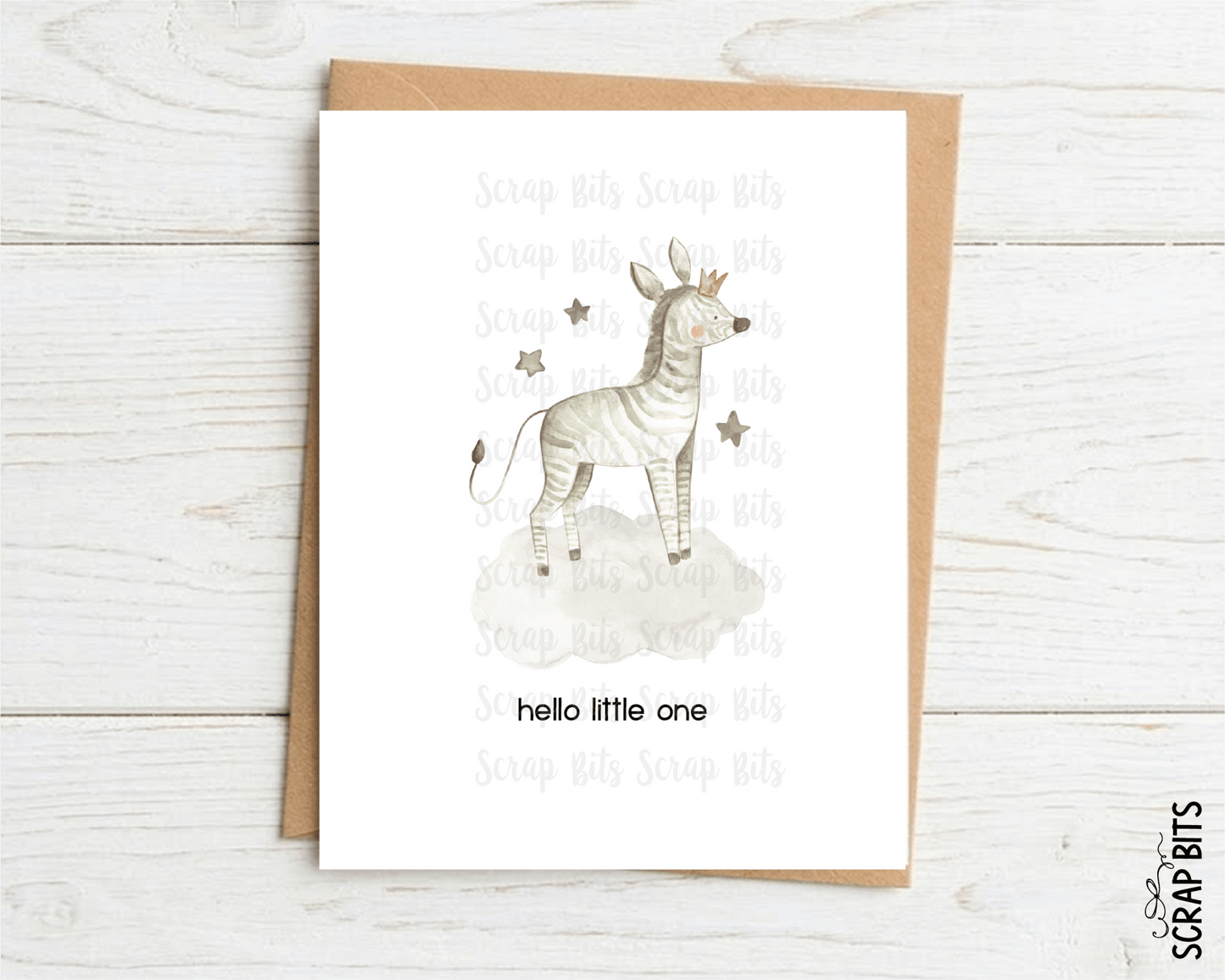 Zebra New Baby Card, Hello Little One Watercolor Safari Baby Shower Card - Scrap Bits