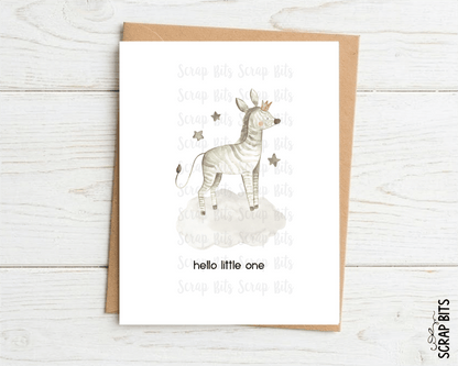 Zebra New Baby Card, Hello Little One Watercolor Safari Baby Shower Card - Scrap Bits