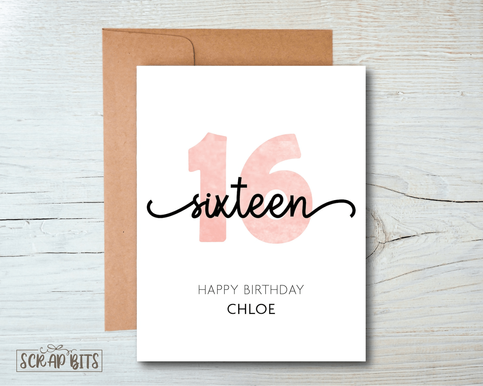16th Birthday Card, Journaling Script Sweet 16 Birthday Card - Scrap Bits