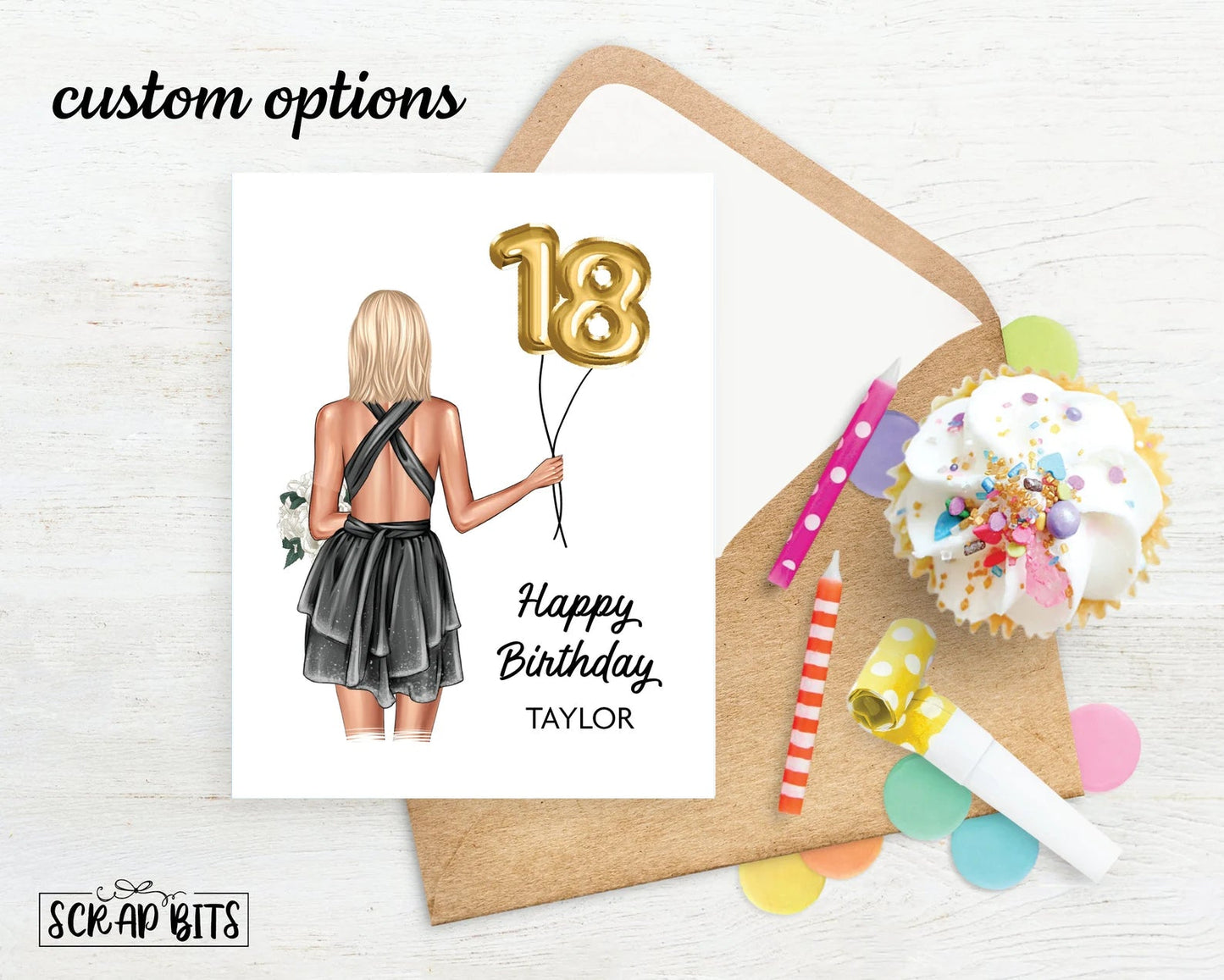 18th Birthday Card, ANY Age Foil Number Balloons, Custom Girl Birthday Portrait Card - Scrap Bits