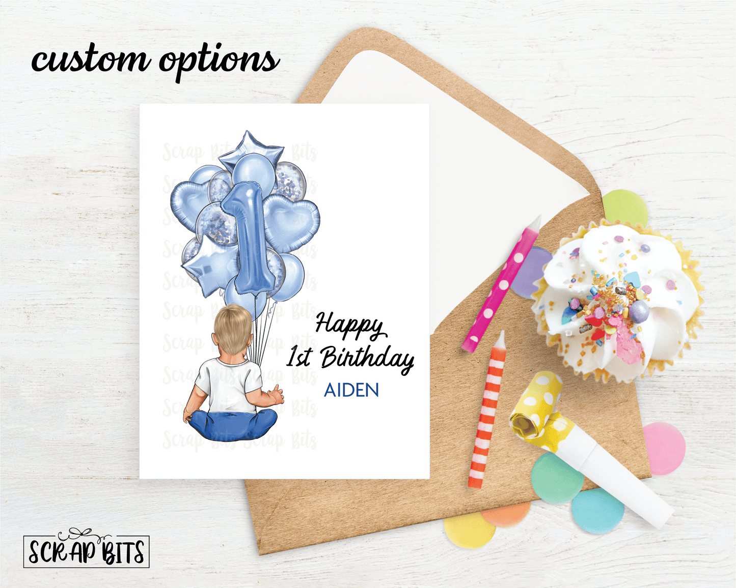 1st Birthday Card, Baby Birthday Boy with Balloons . Birthday Portrait Card - Scrap Bits