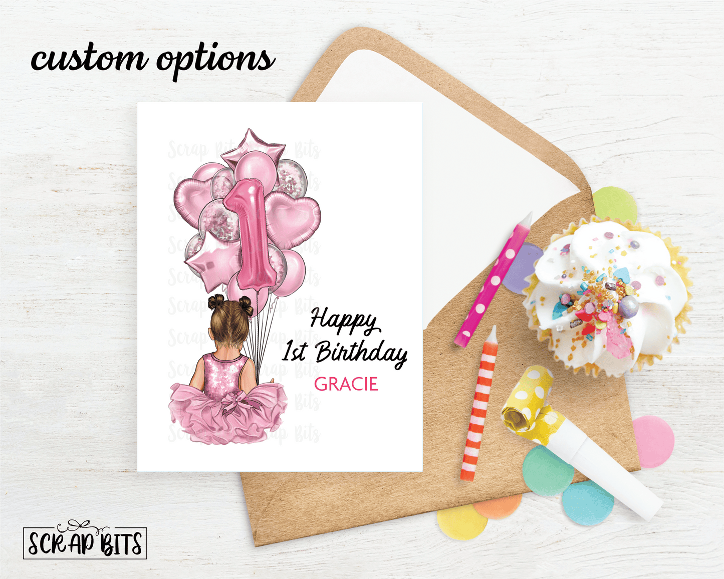 1st Birthday Card, Baby Birthday Girl with Balloons . Birthday Portrait Card - Scrap Bits