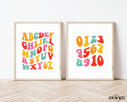 2 Educational Posters, Bright Groovy Numbers & Alphabet Prints . 5 Digital Print Sizes - Scrap Bits