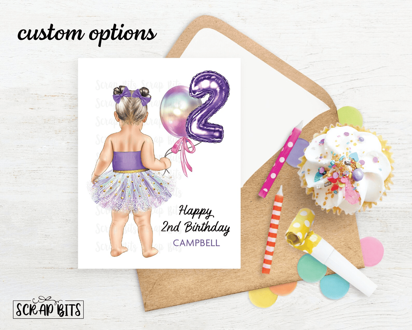 2nd Birthday Card, Baby Tutu Girl With Balloons 1st, 2nd or 3rd Birthday . Birthday Portrait Card - Scrap Bits
