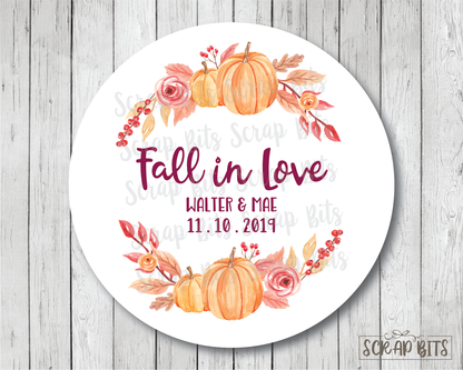 Fall In Love, Watercolor Pumpkin . Favor Stickers or Tags