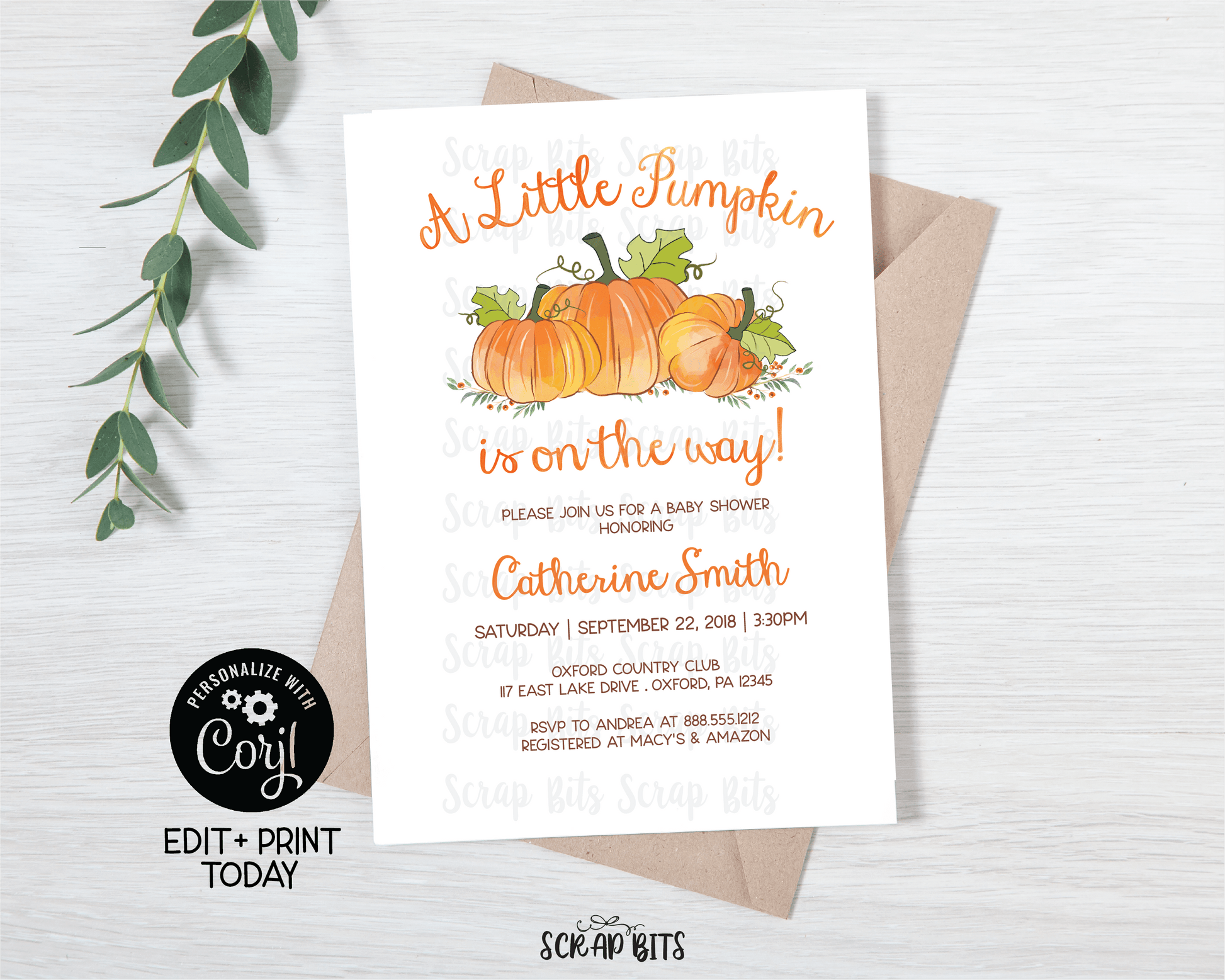 A Little Pumpkin Baby Shower Invitation . Instant Download Editable Template - Scrap Bits