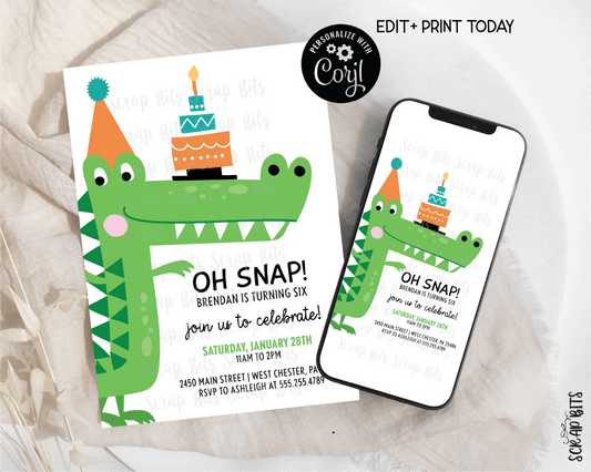 Alligator Birthday Invitation, Balancing Cake . Instant Download Editable Template - Scrap Bits