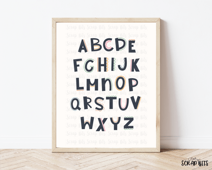 Alphabet Poster, Cutesy Font . Classroom, Homeschool or Playroom Educational Poster . 5 Digital Print Sizes - Scrap Bits