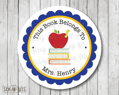 Apple On Books Belonging Labels, Round Stickers or Tags - Scrap Bits