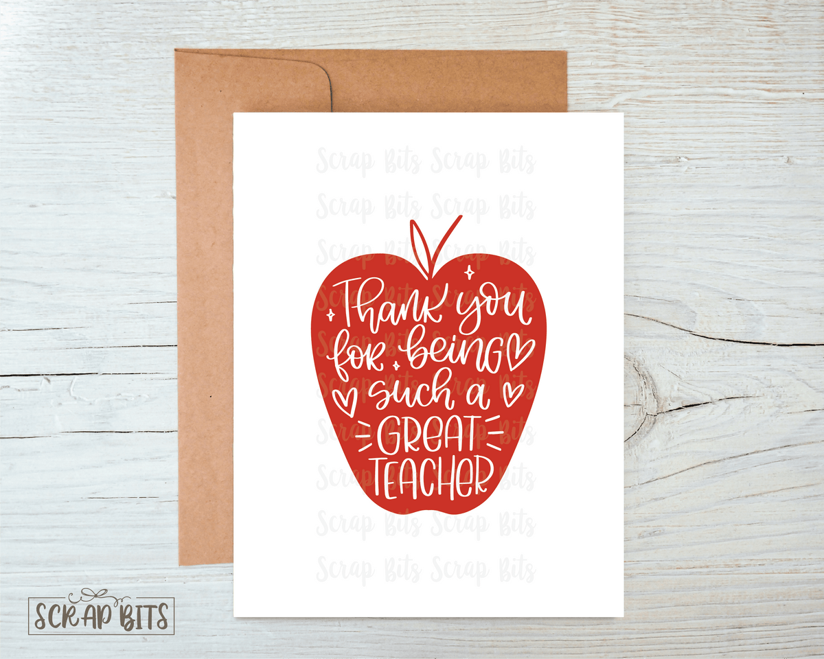 Apple Thank You for Being a Great Teacher Appreciation Card, Teacher T ...