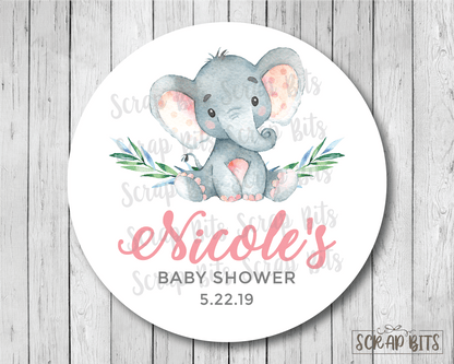 Baby Girl Elephant . Baby Shower Stickers or Tags - Scrap Bits