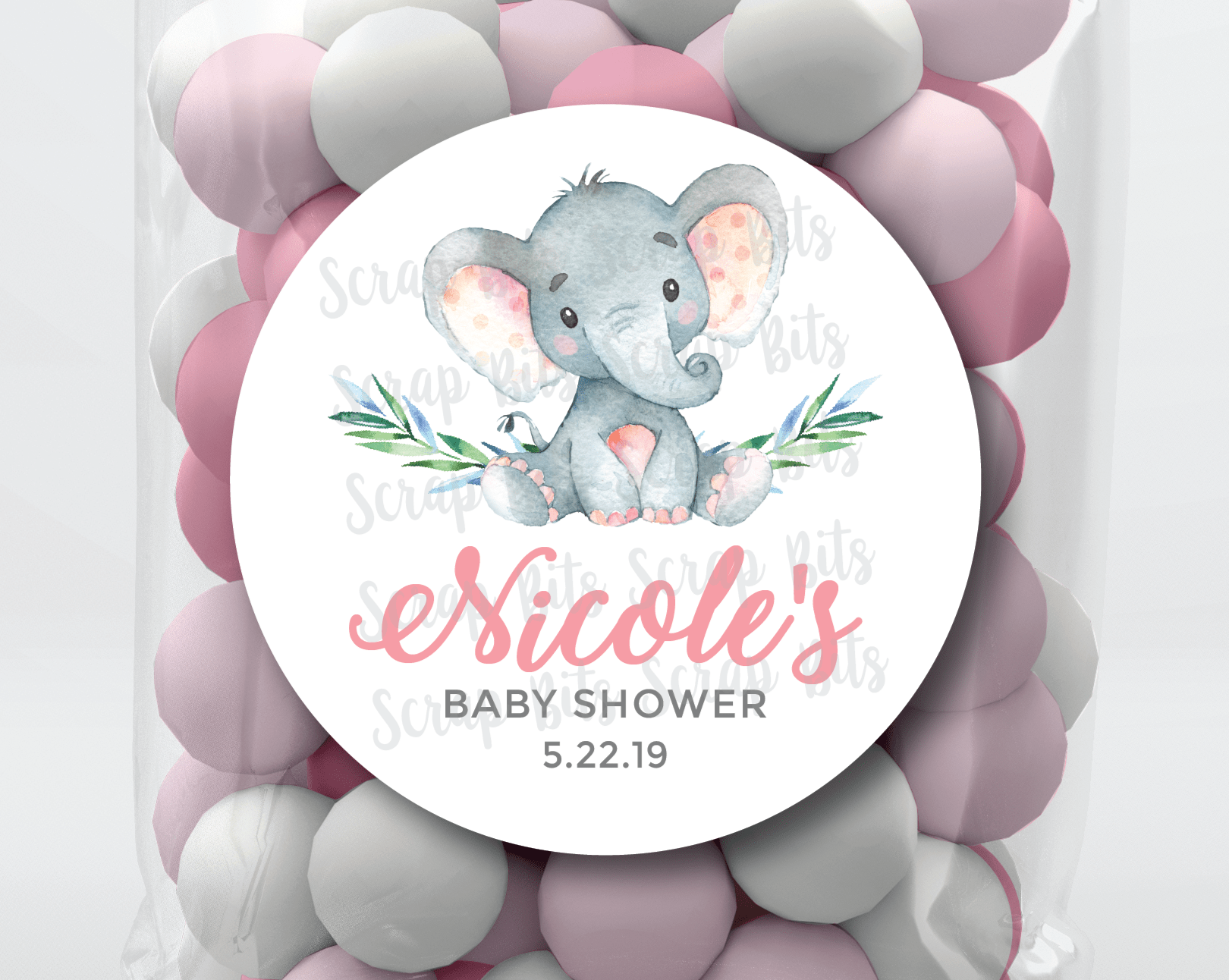 Baby Girl Elephant . Baby Shower Stickers or Tags - Scrap Bits