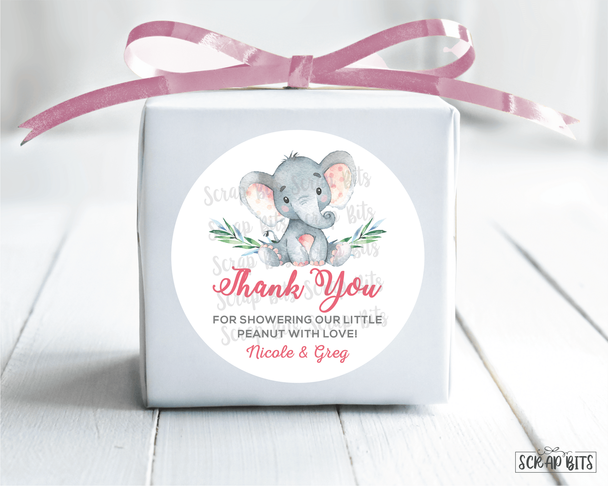Baby Girl Elephant Thank You Stickers . Baby Shower Stickers or Tags - Scrap Bits