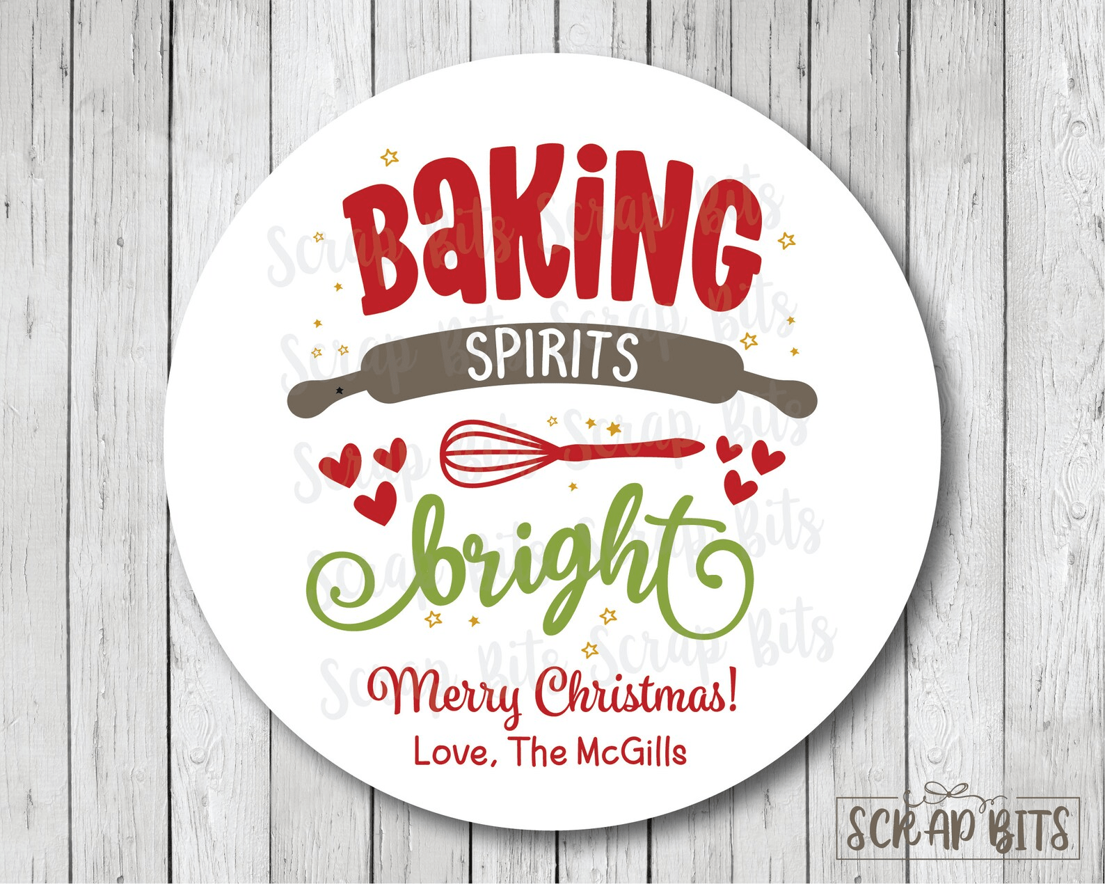 Baking Spirits Bright Stickers, Rolling Pin . Christmas Baking Labels or Tags - Scrap Bits