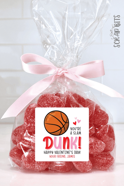 Basketball Valentines, You're A Slam Dunk Valentine Treat Bag Stickers - Scrap Bits