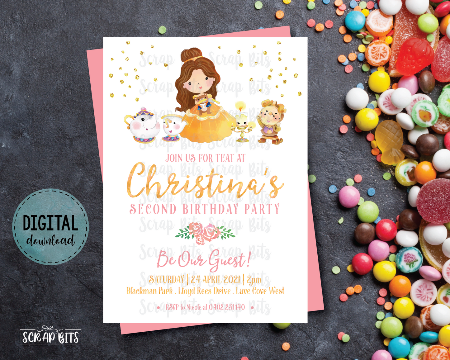 Belle & Friends Birthday Invitation, Tea Party - Scrap Bits