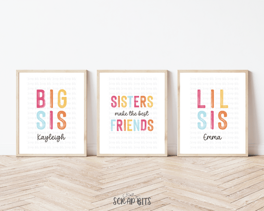 Big Sis, Lil Sis, Best Friends Wall Art Set . Bright Boho Paintstroke - Scrap Bits