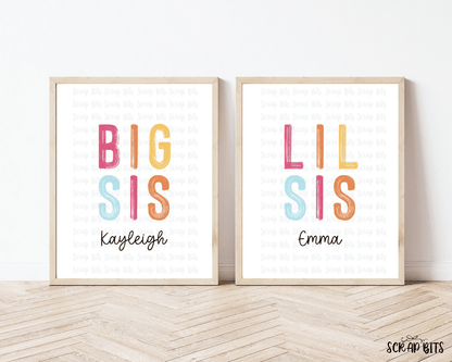 Big Sis + Lil Sis Wall Art Set . Bright Boho Paintstroke - Scrap Bits