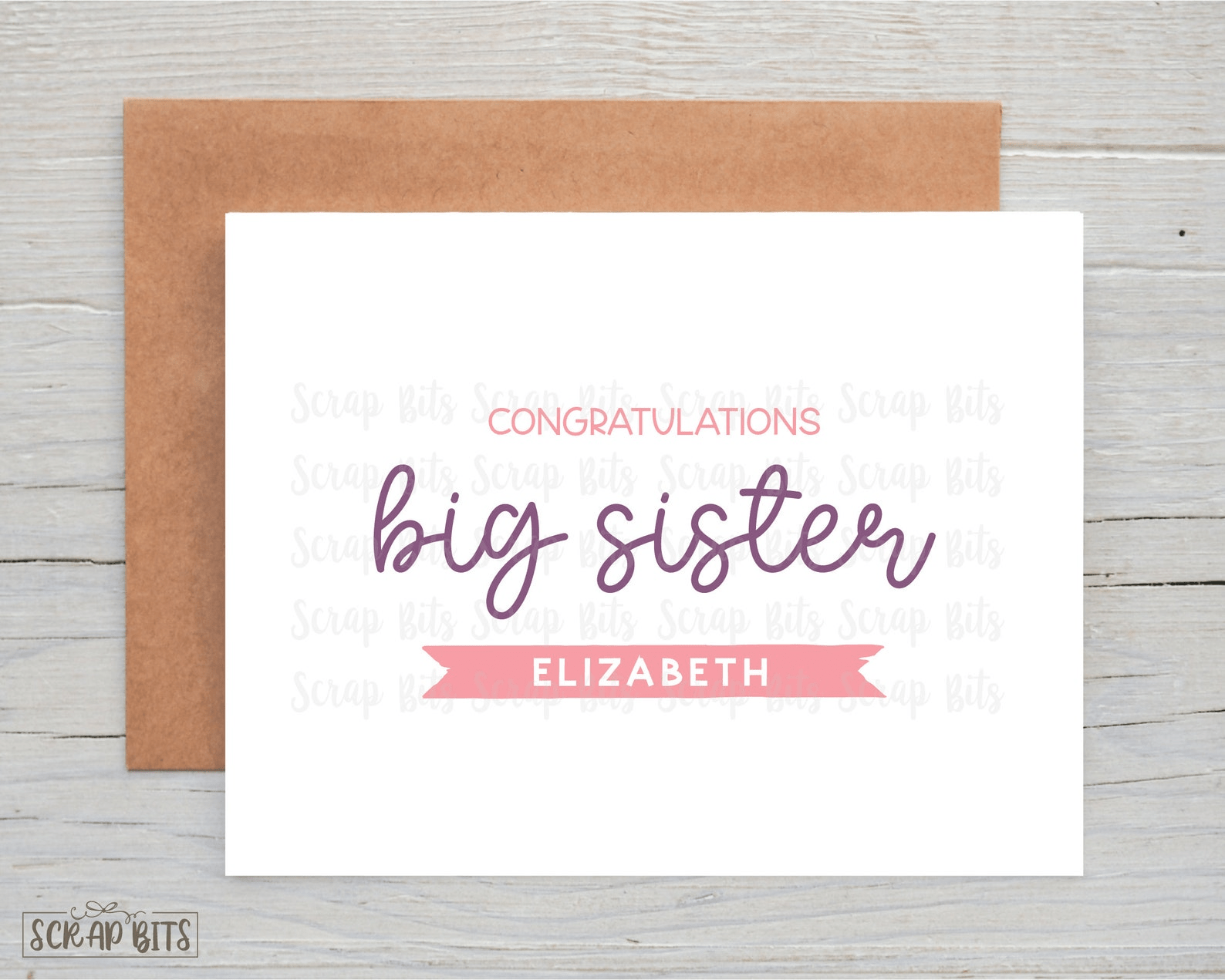 Big Sister Card, New Sibling Card, Open Script Lettering - Scrap Bits