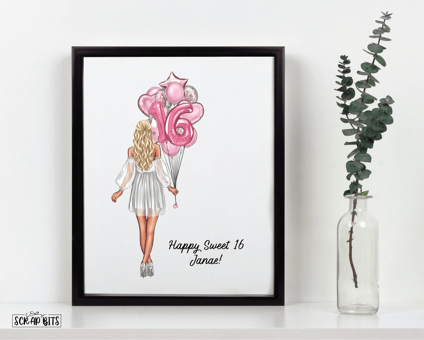 Birthday Girl Signature Print, Sweet 16 Signature Poster, Full Body Balloon Bunch . Personalized Printable Portrait Print - Scrap Bits