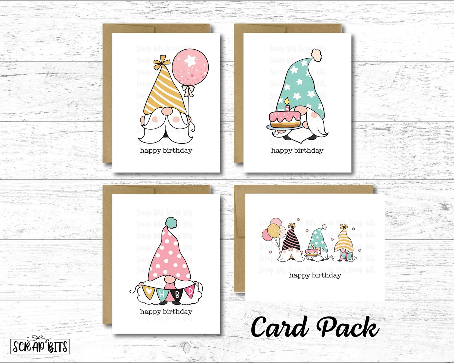 Birthday Gnome Card Pack, Set of 4 Gnome Birthday Cards - Scrap Bits