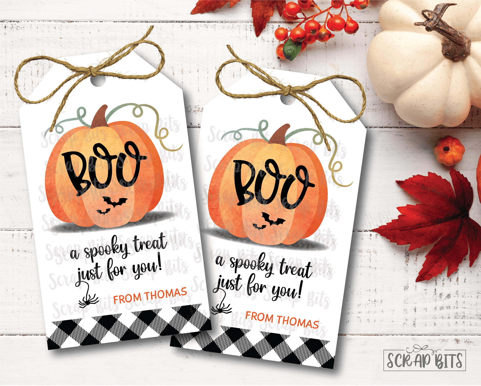 Boo, A Spooky Treat For You, Watercolor Pumpkin Buffalo Plaid . Halloween Treat Bag Tags - Scrap Bits