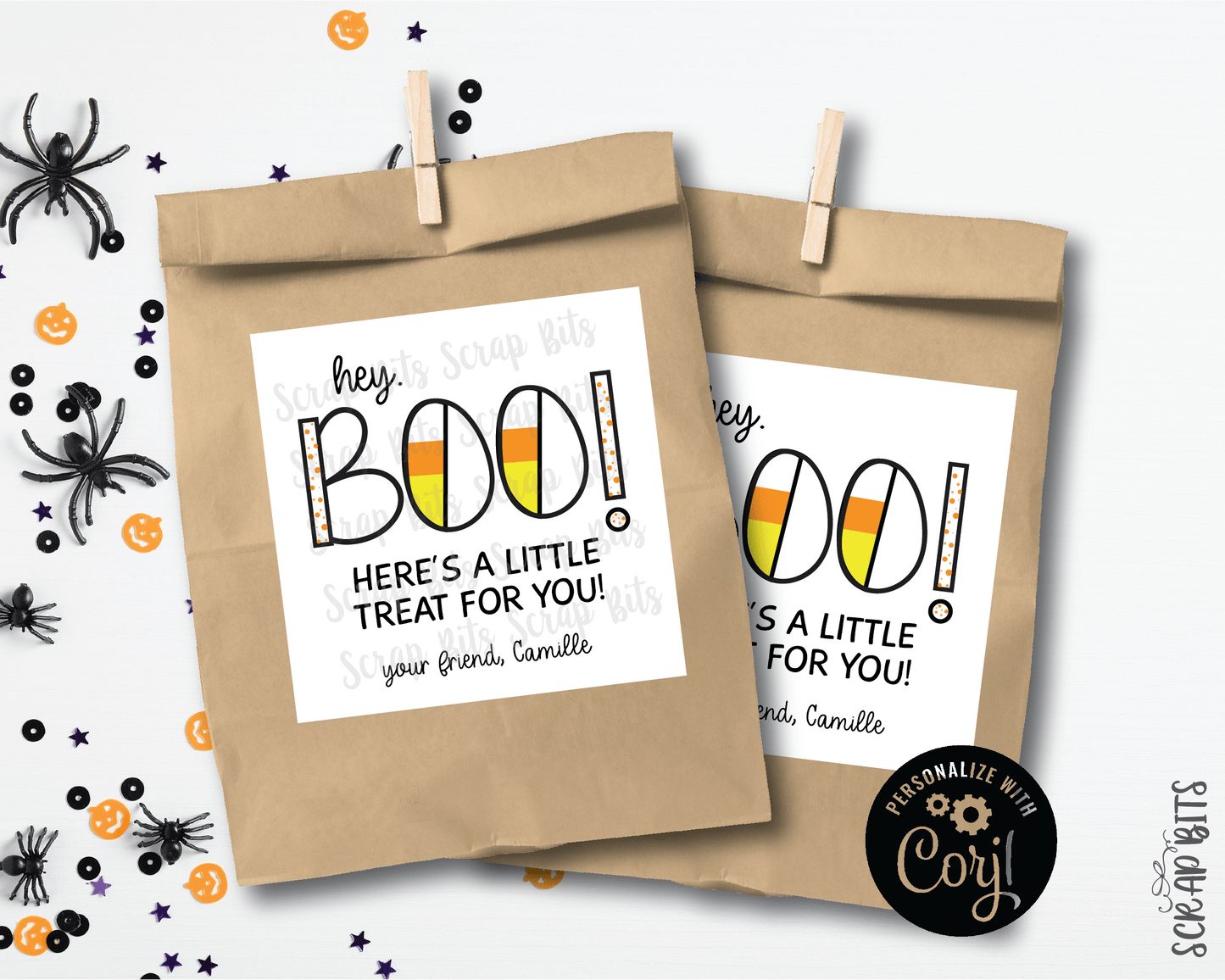 Boo Here's A Little Treat Tags, Candy Corn Lettering Printable Halloween Tags, Instant Download Editable Template - Scrap Bits