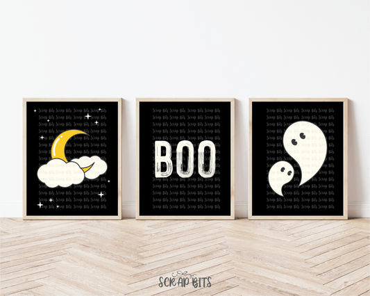 Boo, Moon & Ghost Print Set, Spooky Halloween Prints, Halloween Wall Art . 5 Digital Print Sizes - Scrap Bits