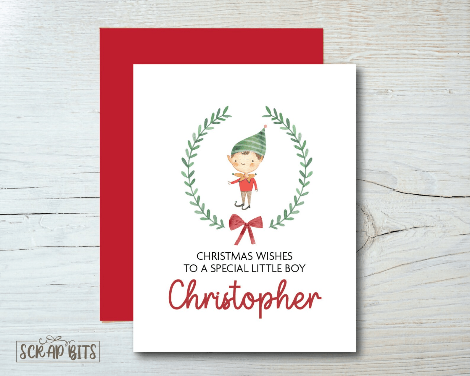 Boy Elf Christmas Card, Watercolor Elf in Wreath - Scrap Bits