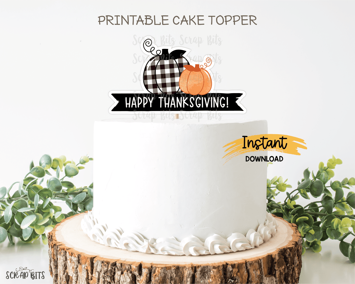 Buffalo Check Pumpkin Thanksgiving Cake Topper, Printable Thanksgiving Cake Topper . Digital Instant Download - Scrap Bits