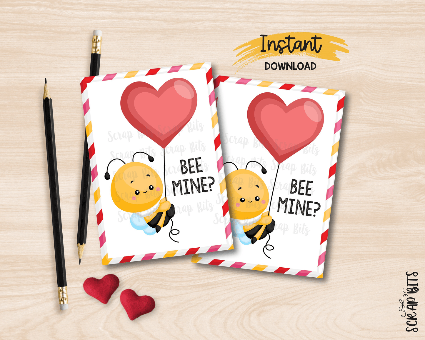 Bumble Bee Valentines, Bee Mine, Printable Classroom Valentines, Instant Download - Scrap Bits