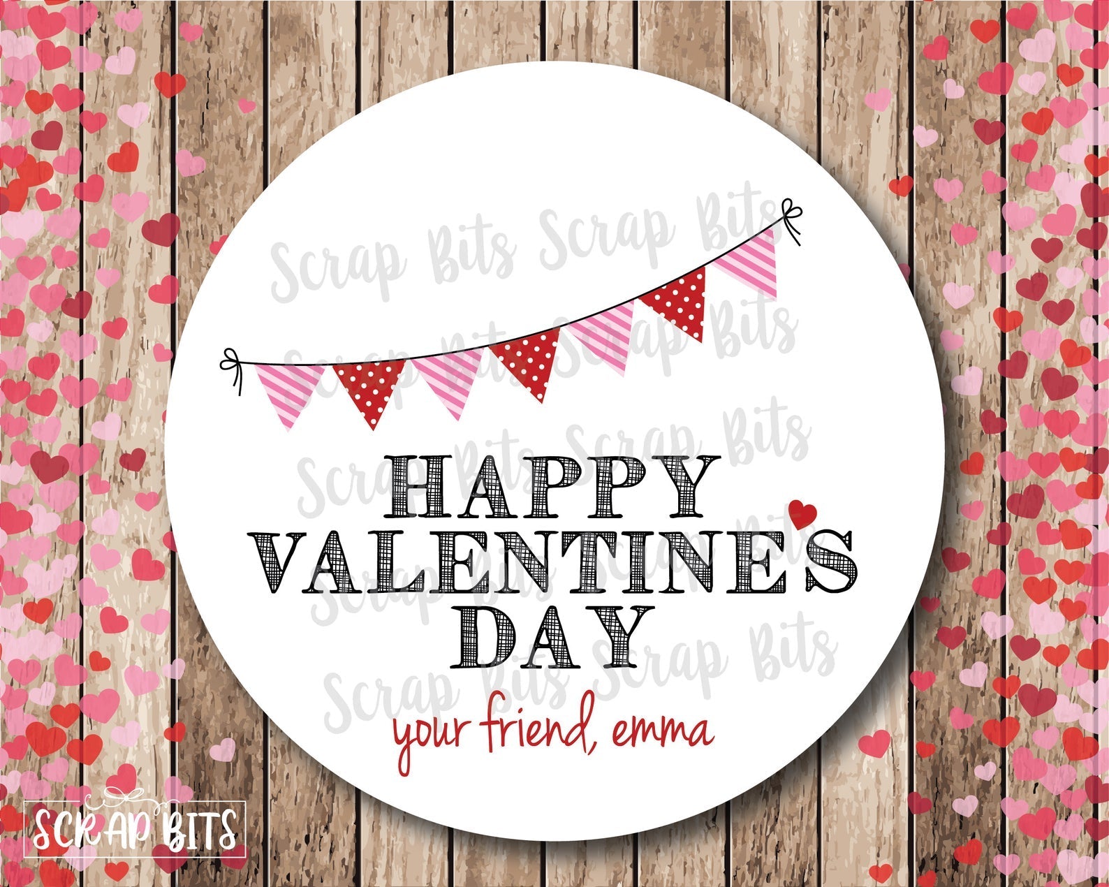 Bunting Happy Valentine's Day . Valentine's Day Stickers or Tags - Scrap Bits