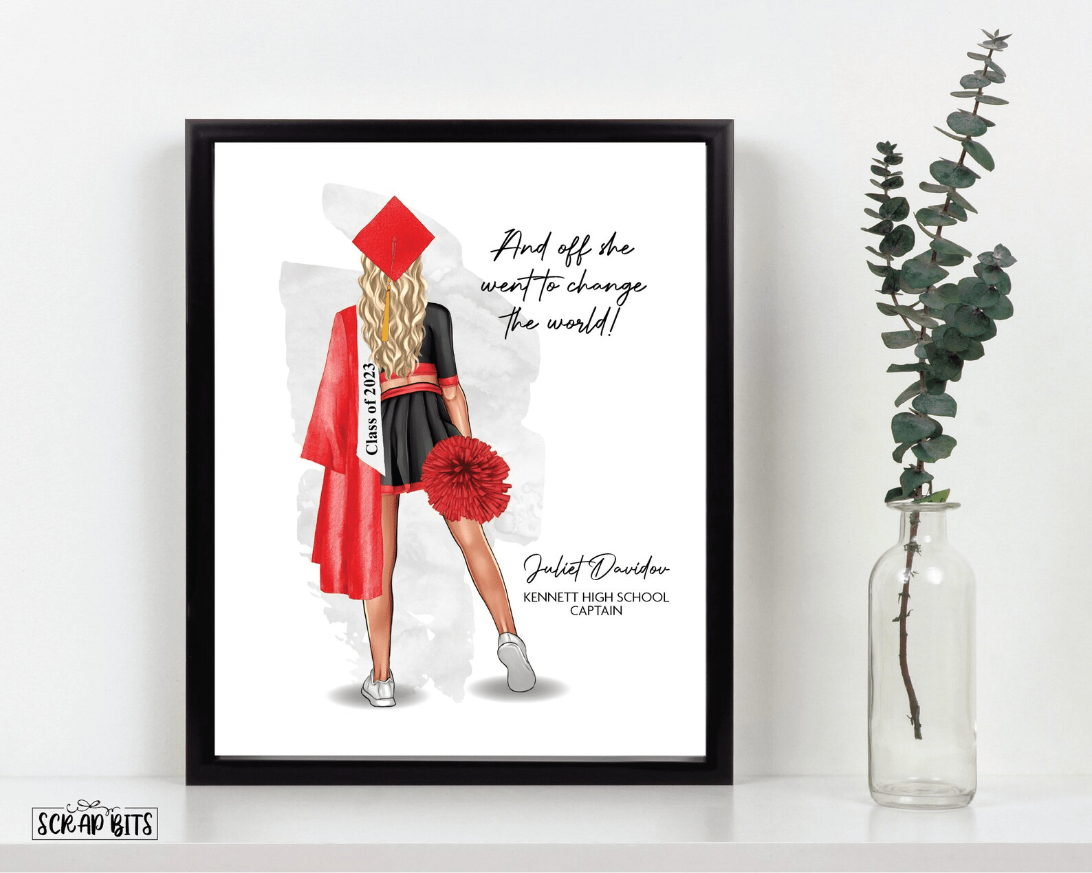 Cheerleader Graduation Print, Personalized Graduation Gift for Her, Full Body Hip Pom . Digital Portrait Print - Scrap Bits