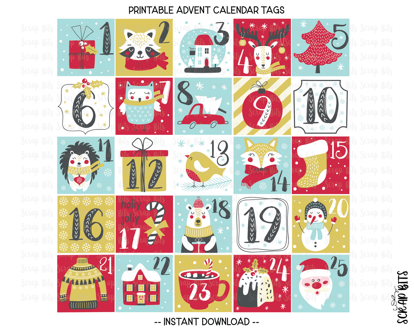 Christmas Advent Calendar Tags, Christmas Countdown Tags, Printable Advent Tags, Woodland Christmas Tags . INSTANT Download - Scrap Bits