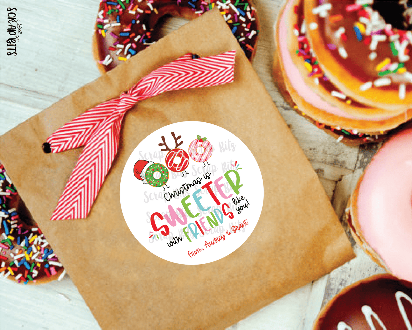 Christmas Donut Gift Stickers, Christmas Is Sweeter With Friends Like You, Personalized Christmas Gift Labels - Scrap Bits