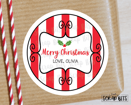 Christmas Gift Labels, Curly Frame on Stripes - Scrap Bits