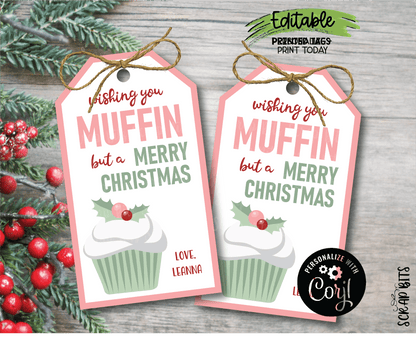 Christmas Muffin Tags, Pink Wishing You Muffin But A Merry Christmas Gift Tags, Printable Christmas Tags . Instant Download Editable Template - Scrap Bits