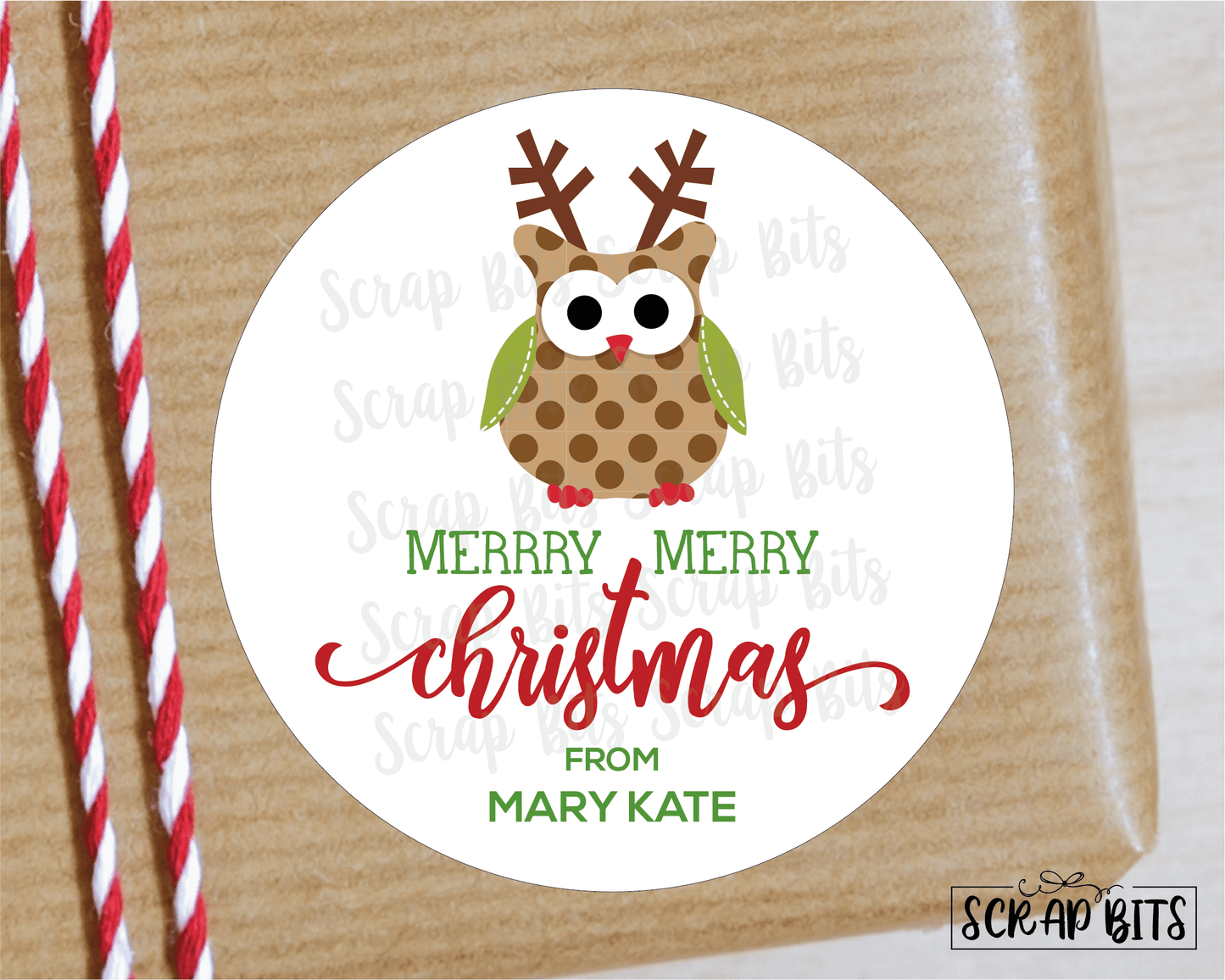 Christmas Owl with Antlers Stickers or Tags . Christmas Gift Labels - Scrap Bits