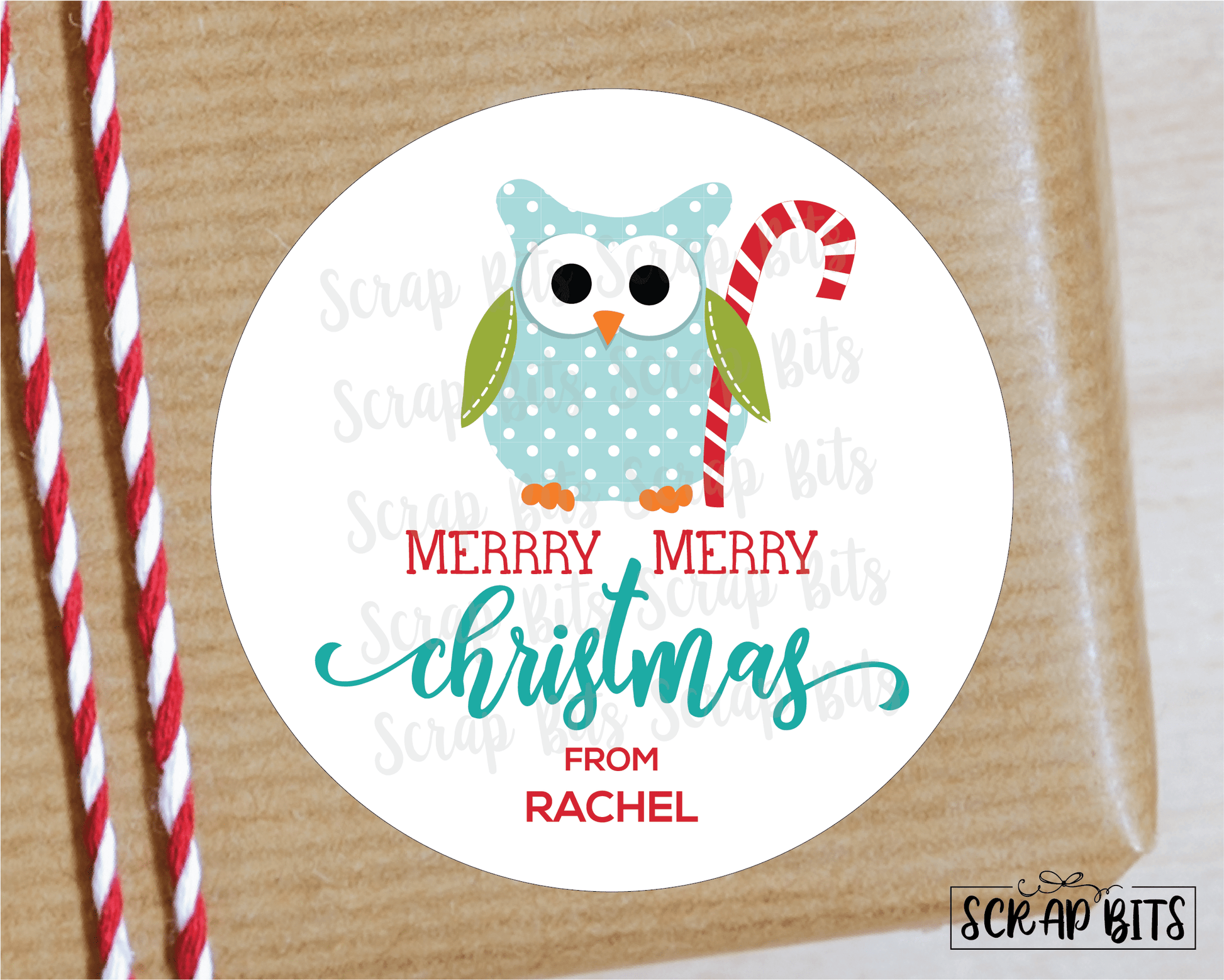 Christmas Owl with Candy Cane Stickers or Tags . Christmas Gift Labels - Scrap Bits