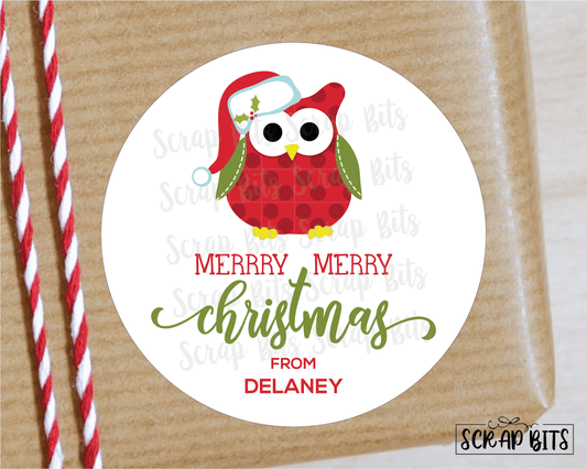Christmas Owl with Santa Hat Sticker or Tags . Christmas Gift Labels - Scrap Bits