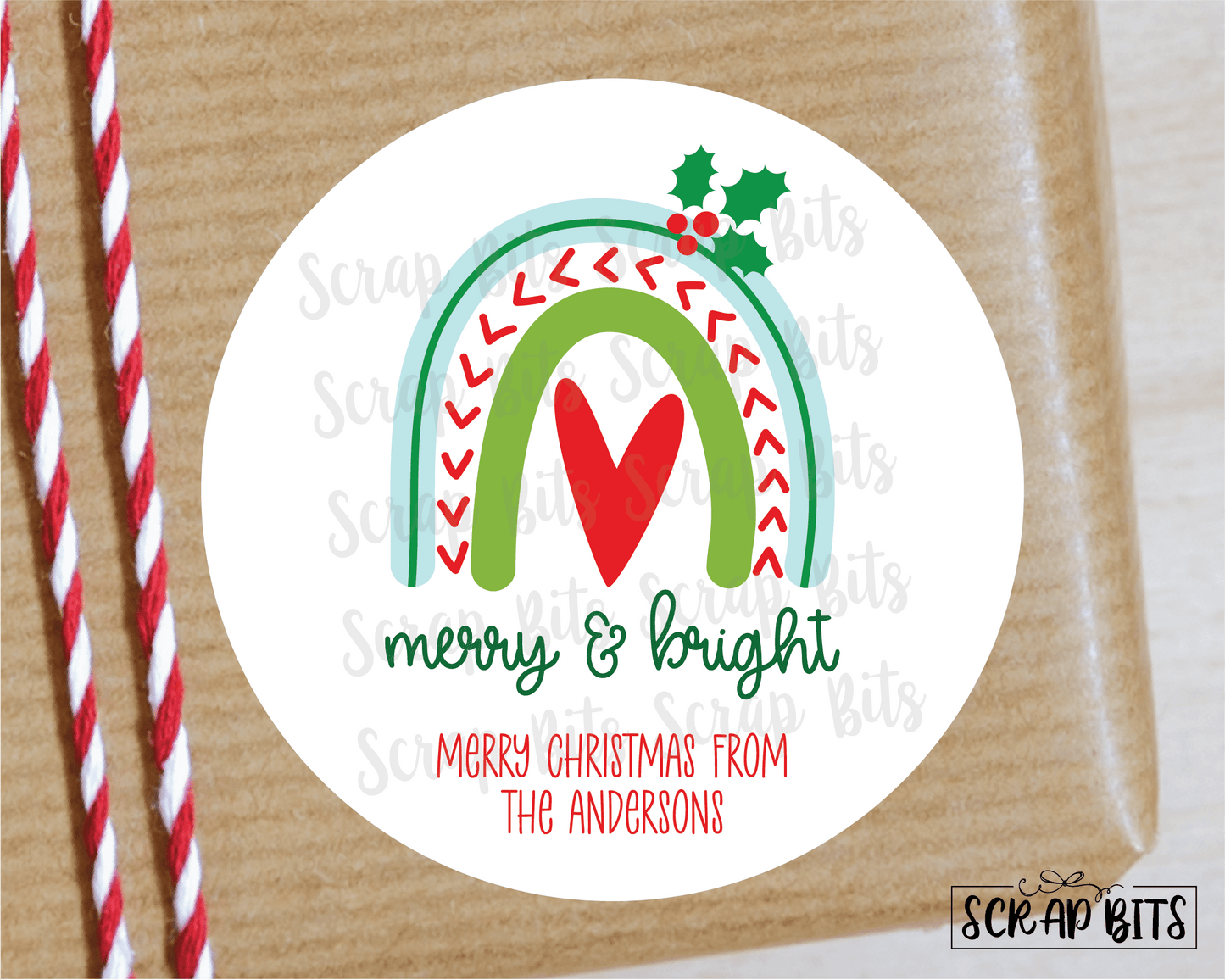 Christmas Rainbow Gift Stickers, Merry & Bright with Heart & Holly, Personalized Christmas Gift Labels - Scrap Bits
