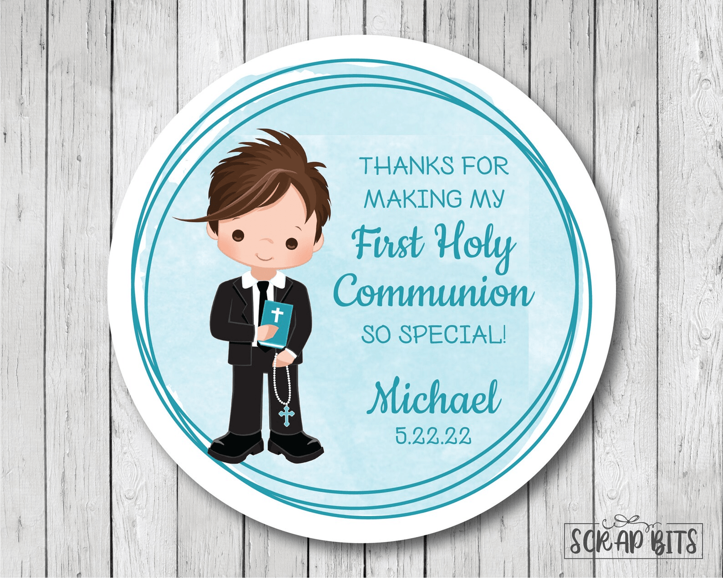Communion Boy Stickers, 3 Rings . Personalized Communion Favor Stickers or Tags - Scrap Bits