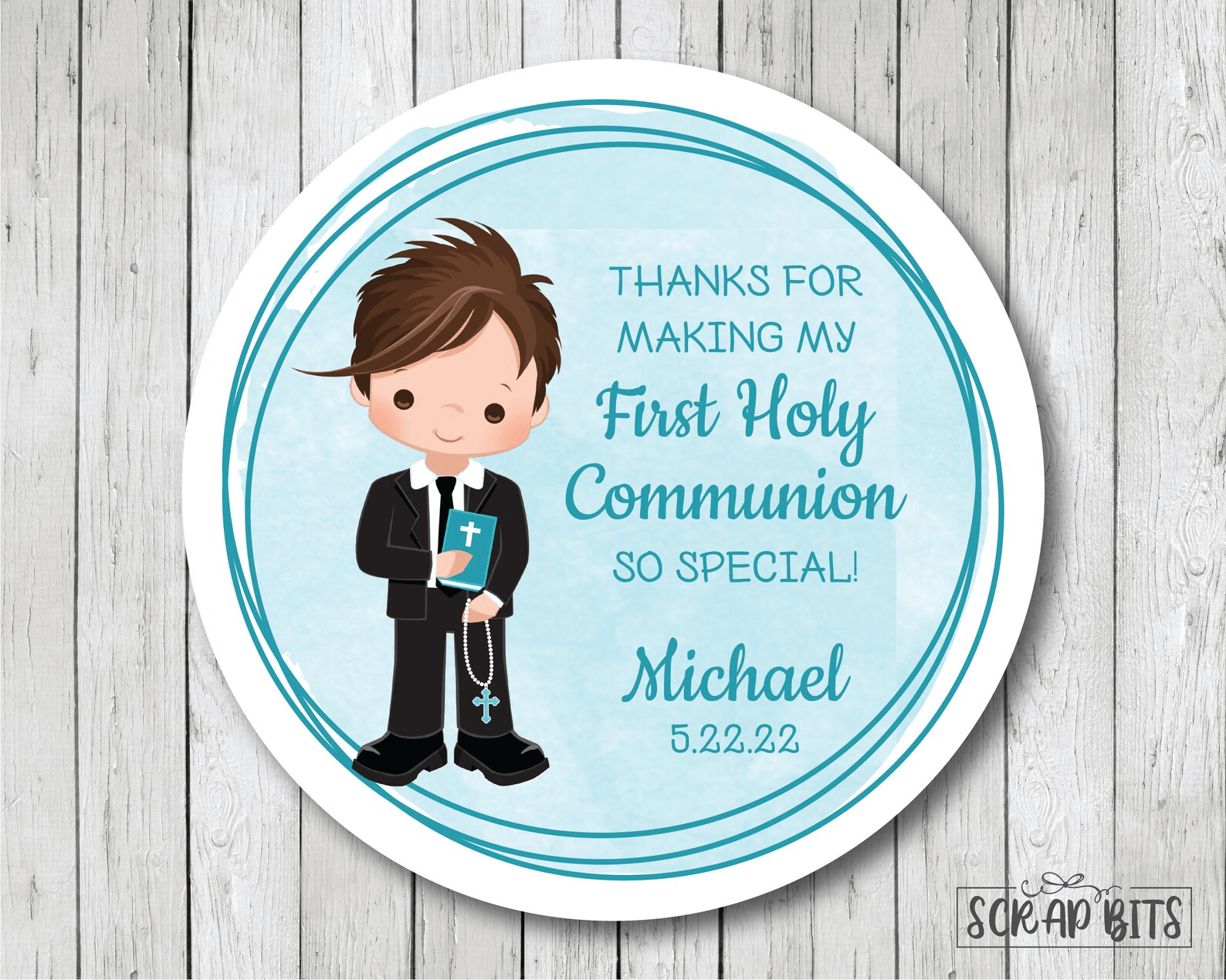 Communion Boy Stickers, 3 Rings . Personalized Communion Favor Stickers or Tags - Scrap Bits