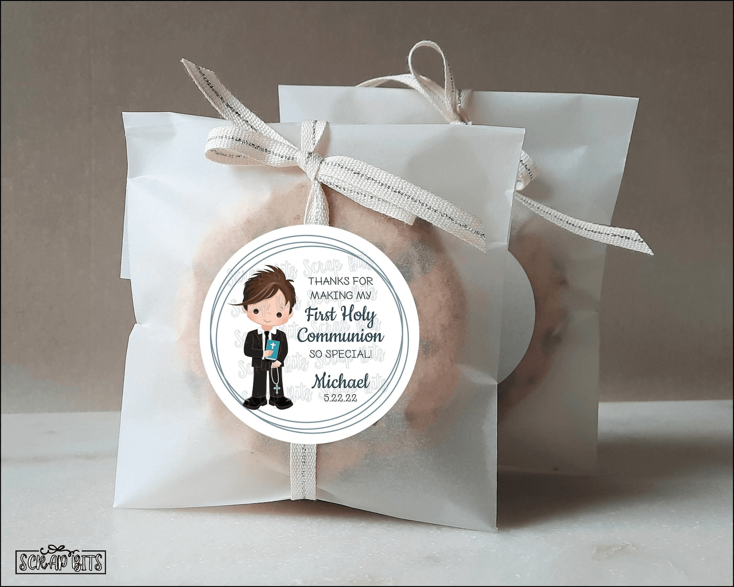 Communion Boy Stickers, 3 Rings . Personalized Communion Favor Stickers or Tags - Scrap Bits