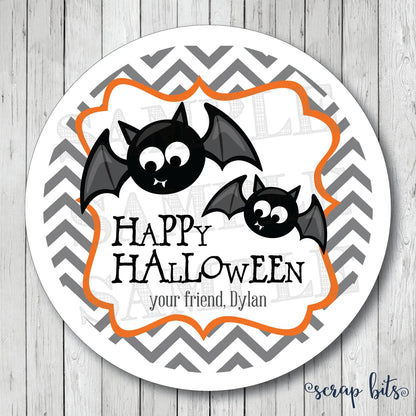 Cute Bats on Chevron Halloween Treat Bag Stickers or Tags - Scrap Bits