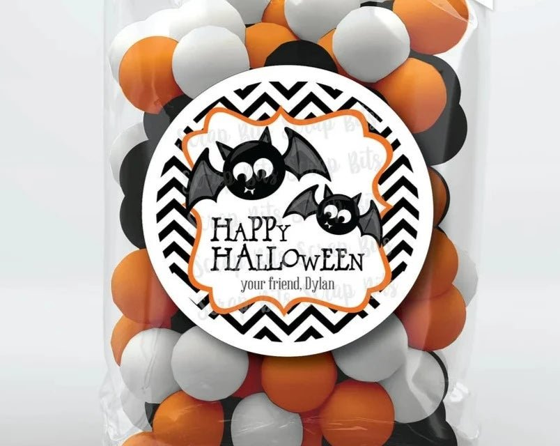 Cute Bats on Chevron Halloween Treat Bag Stickers or Tags - Scrap Bits