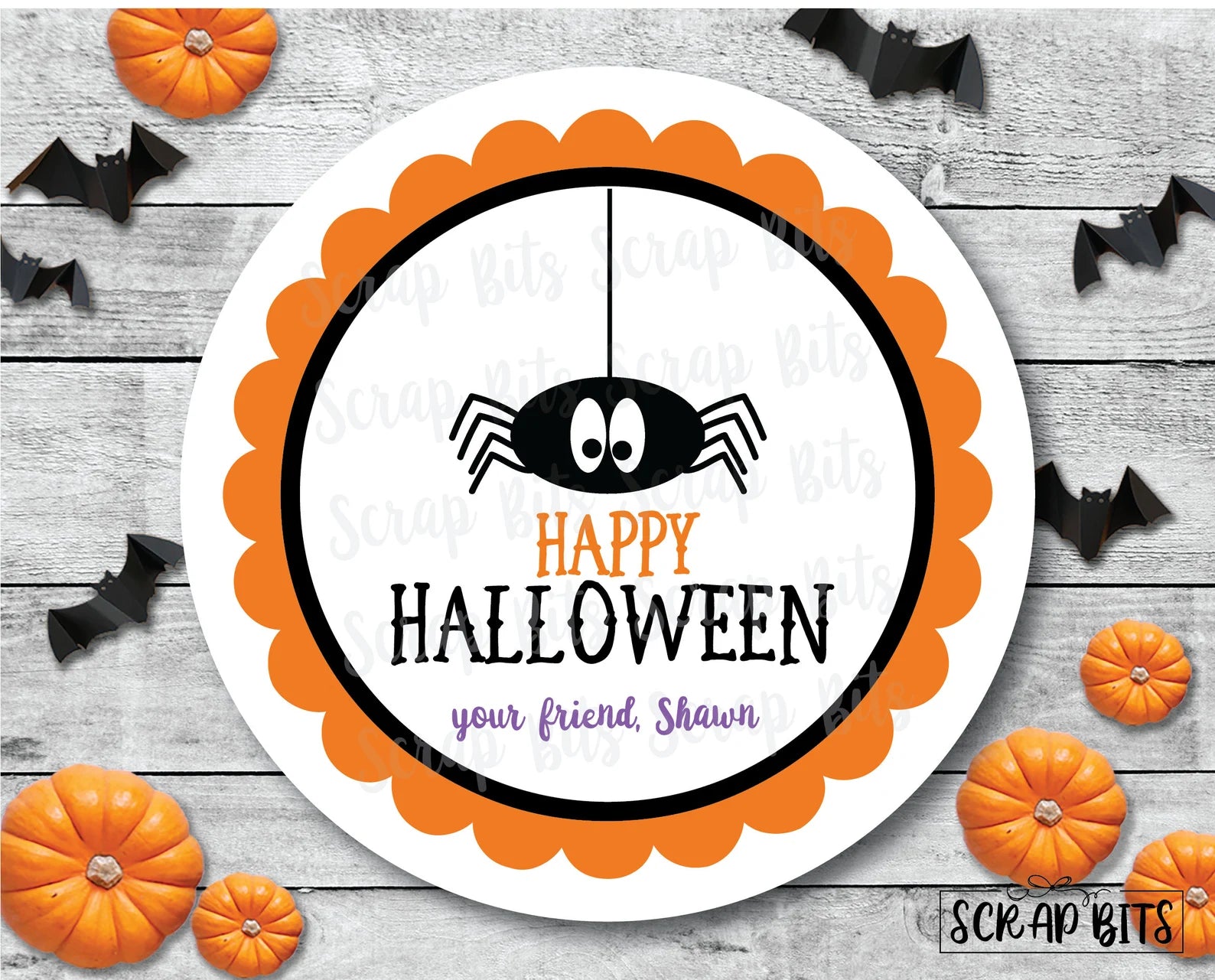 Dangling Spider . Halloween Stickers or Tags - Scrap Bits
